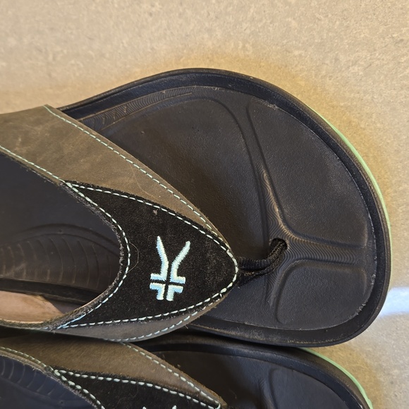 Kuru black, dark brown, and teal suppoertive thong flip flop sandals, size 8 - Picture 4 of 11